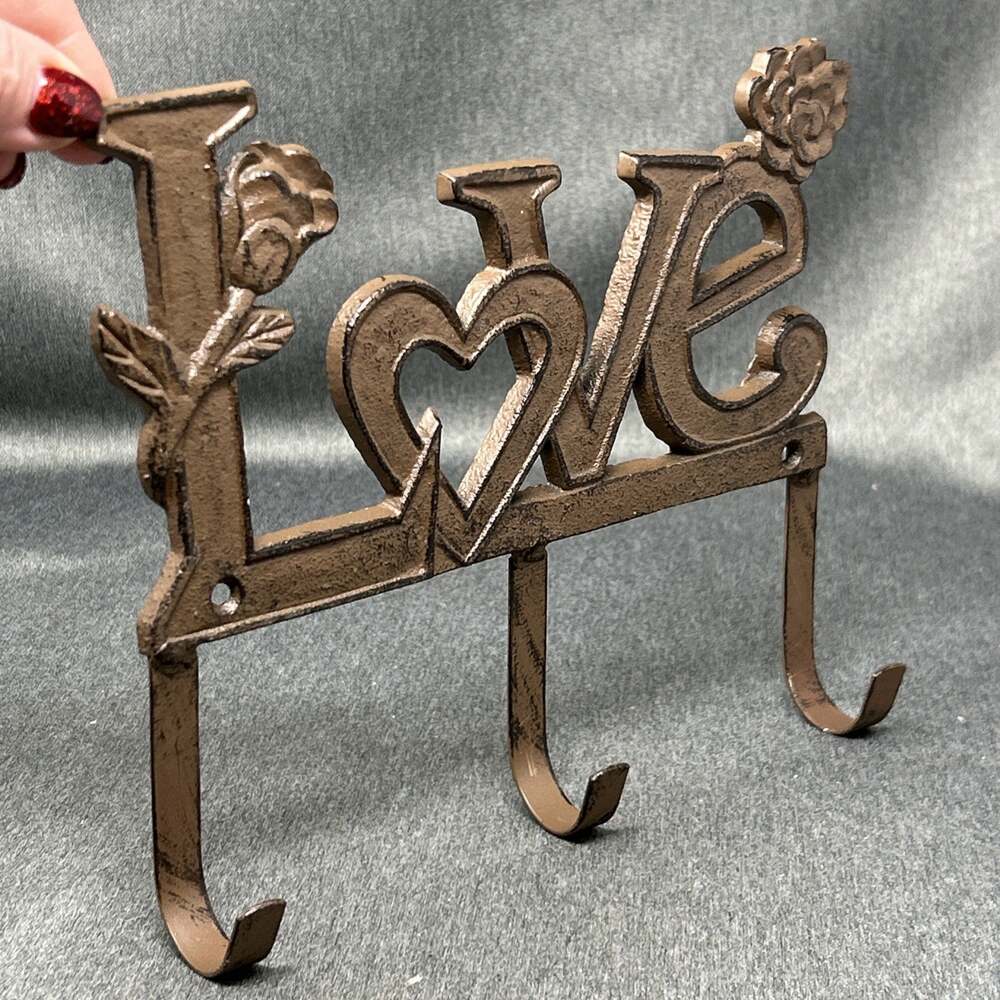 Vintage Cast Iron LOVE Wall Hook Rack Shabby Rose Heart Coat Key Hanger Rustic